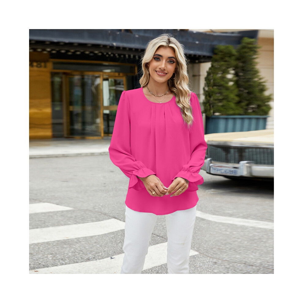 Maxpower (Xl, Barbie Pink) New Solid Color Round Neck Long Sleeved Loose Chiffon Top For Women