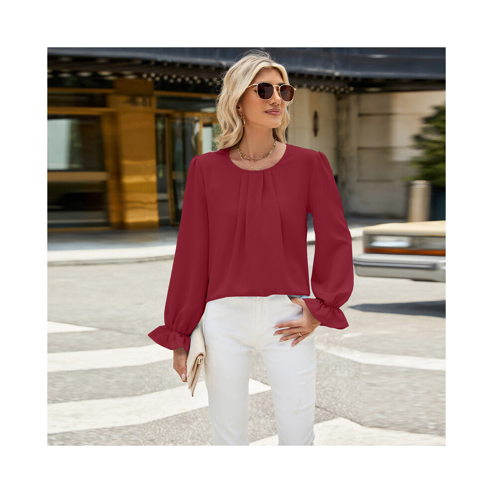 Maxpower (Xl, Wine Red) New Solid Color Round Neck Long Sleeved Loose Chiffon Top For Women
