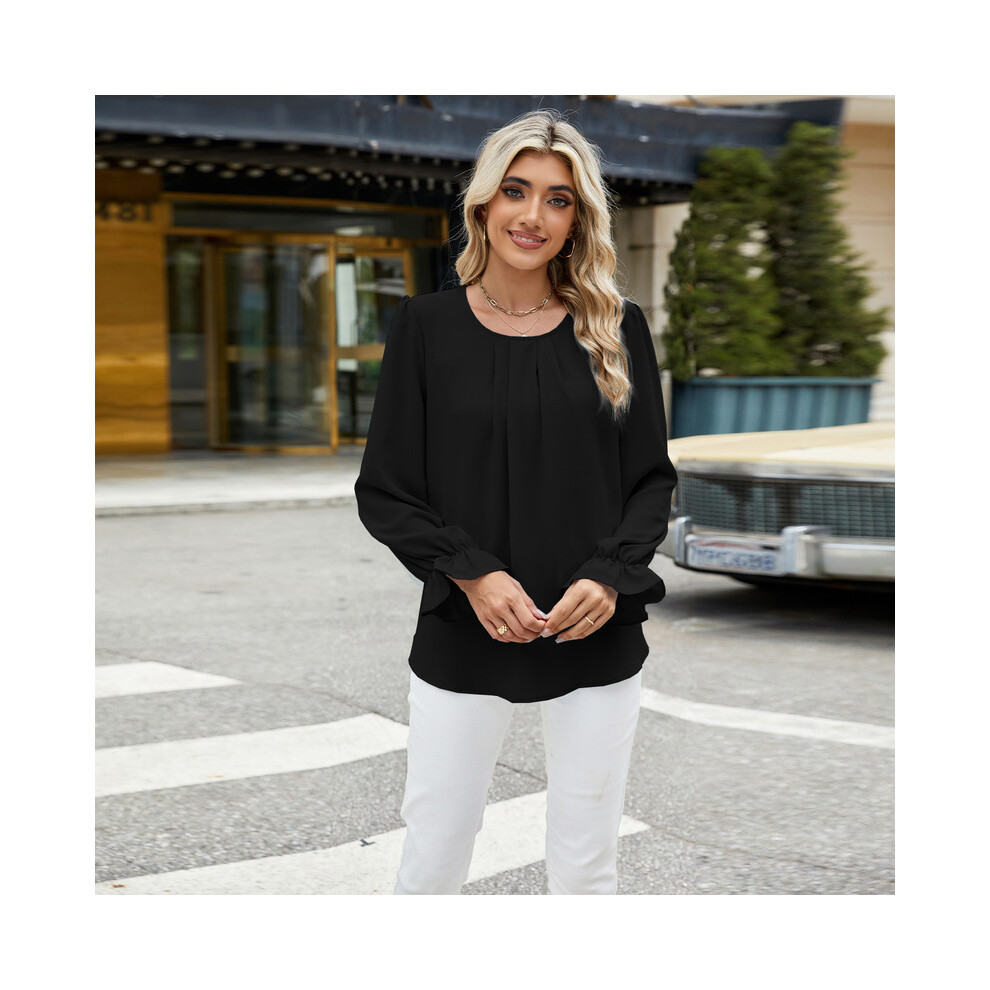 Maxpower (Xxl, Black) New Solid Color Round Neck Long Sleeved Loose Chiffon Top For Women