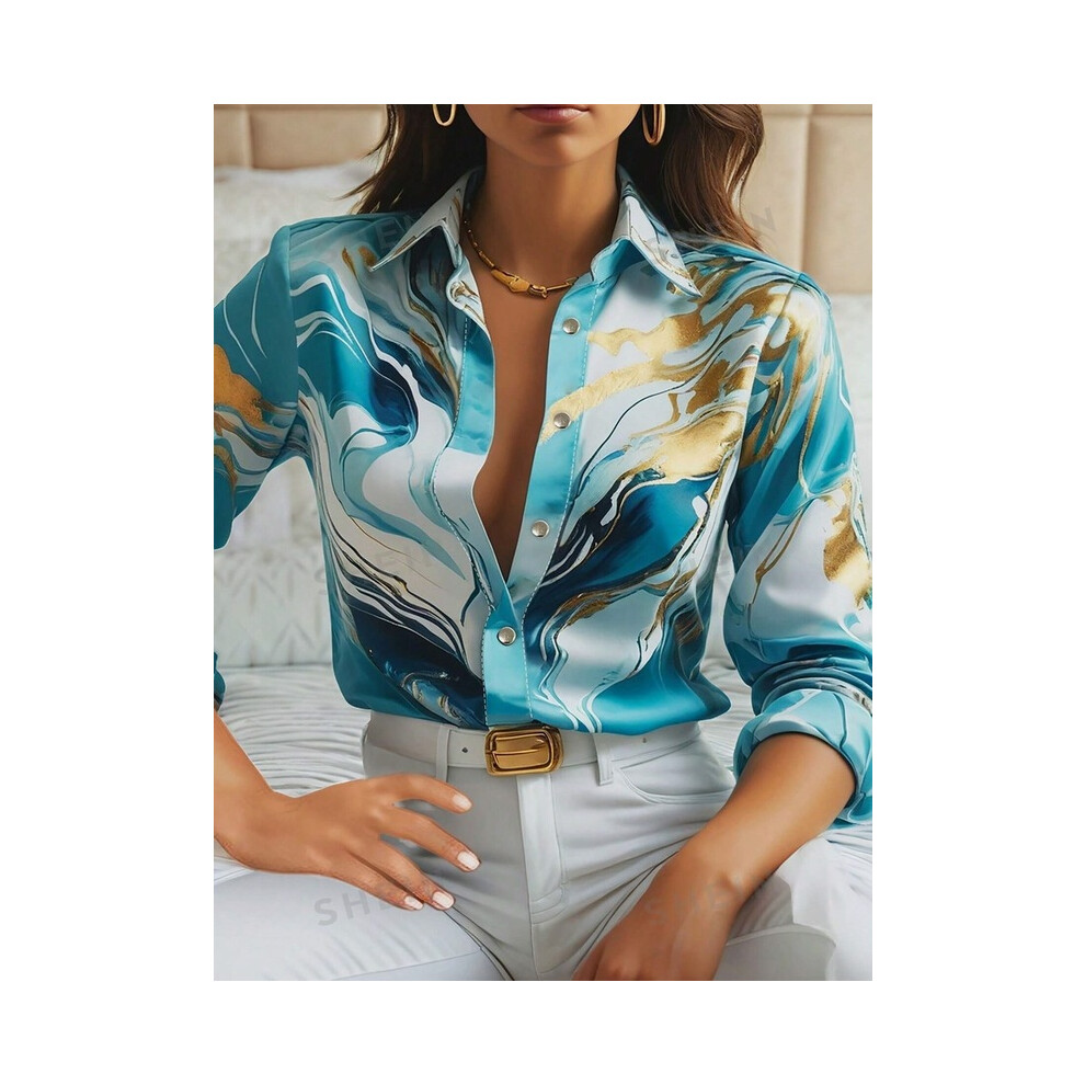 Maxpower (Blue, Xxl) Shirts & Blouses Spring And Autumn Fashion New Long Sleeve Lapel Loose Comfortable Button Shirt 3D Digital Printed Shirt Camisas