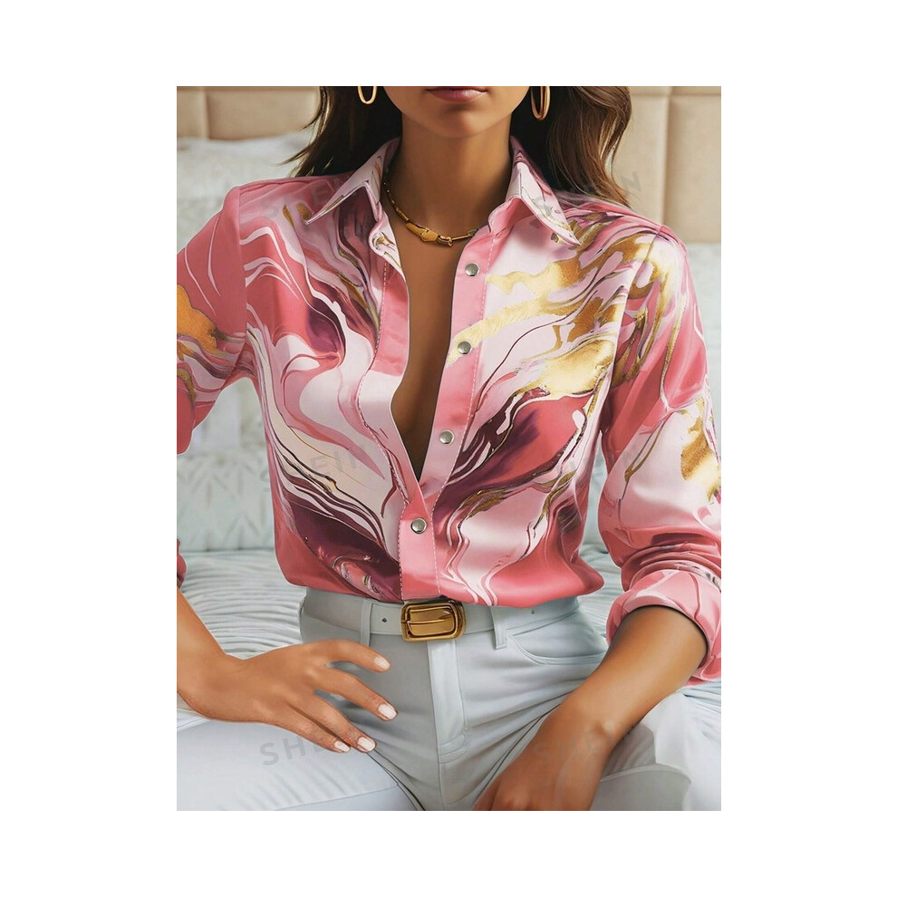 Maxpower (Pink, M) Shirts & Blouses Spring And Autumn Fashion New Long Sleeve Lapel Loose Comfortable Button Shirt 3D Digital Printed Shirt Camisas