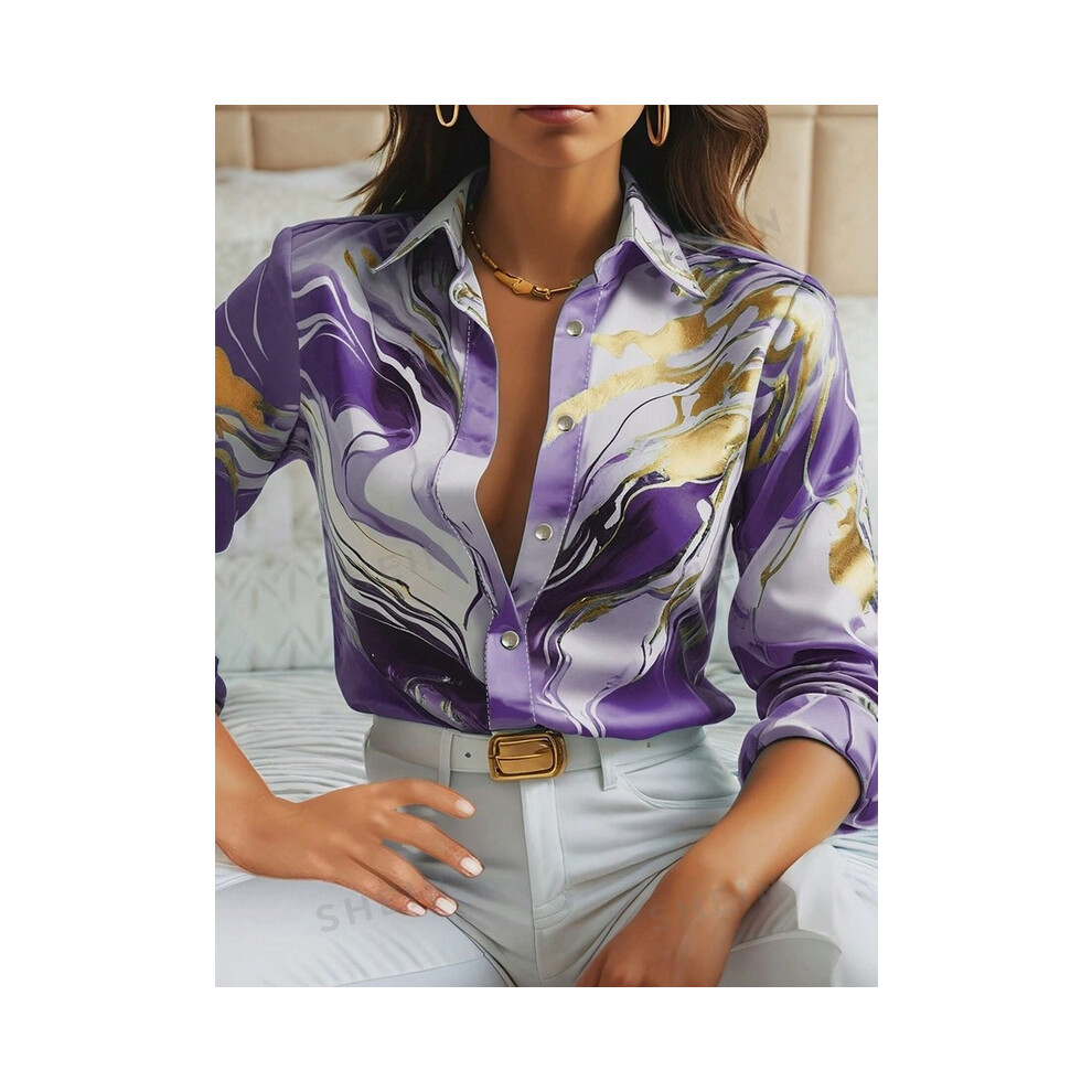 Maxpower (Purple, Xxl) Shirts & Blouses Spring And Autumn Fashion New Long Sleeve Lapel Loose Comfortable Button Shirt 3D Digital Printed Shirt Camisas