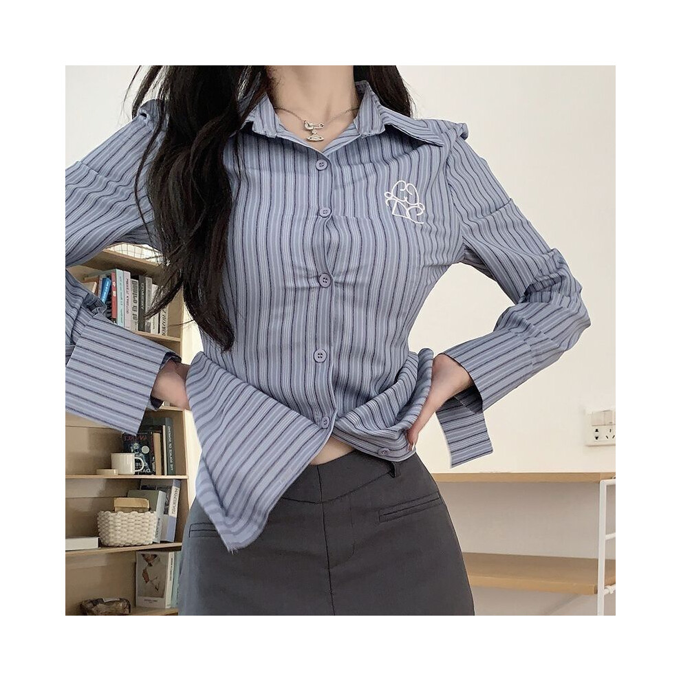 (shirt, XL) Striped Long Sleeved Shirt Spring Autumn New Casual Waist Cinched Slim Fit Blouse Tops Youthful Sweet Fashion Clothes for Women