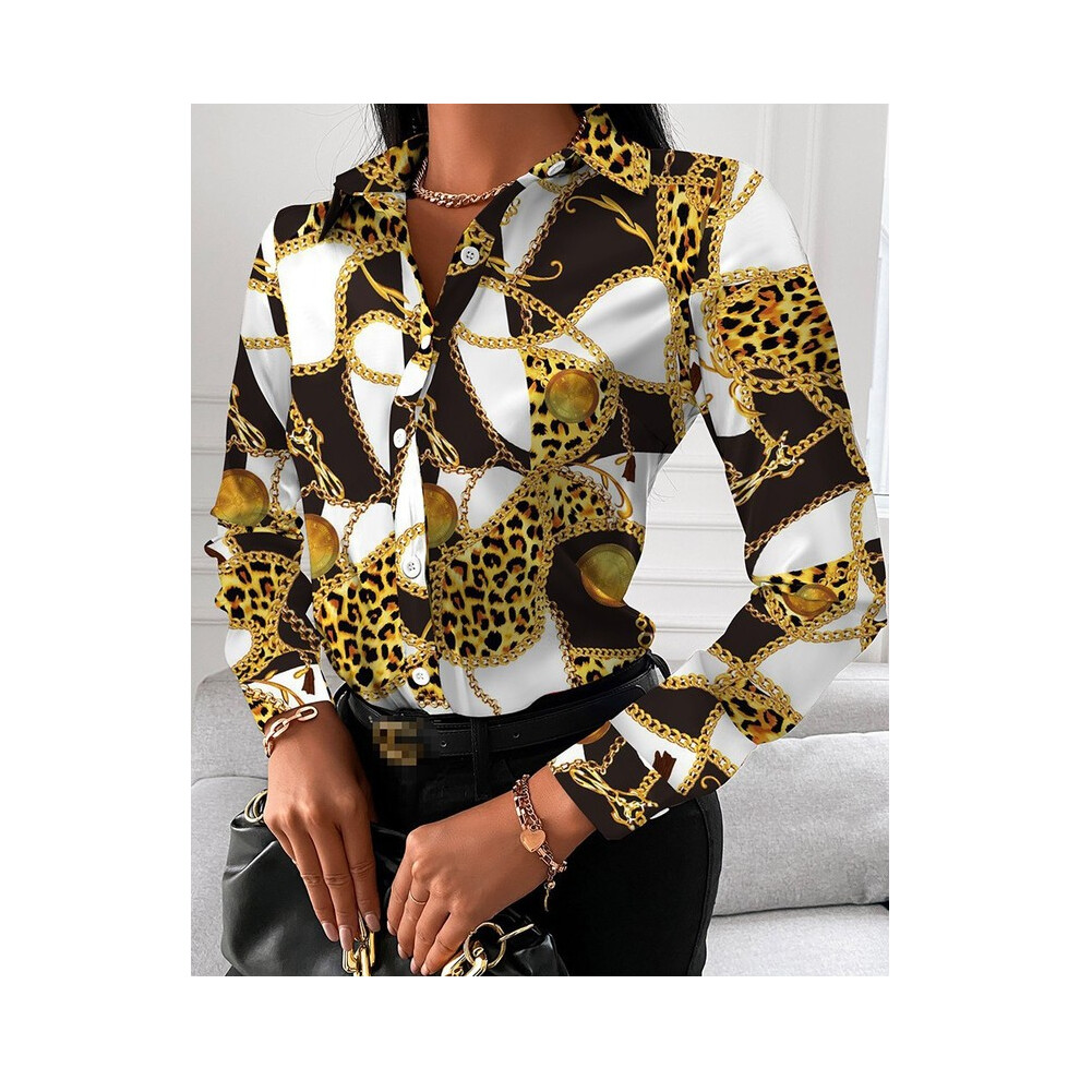 (36, XXXL) Women casual office printed shirt spring and autumn fashionable button up long sleeved shirt elegant splicing slim fit top women