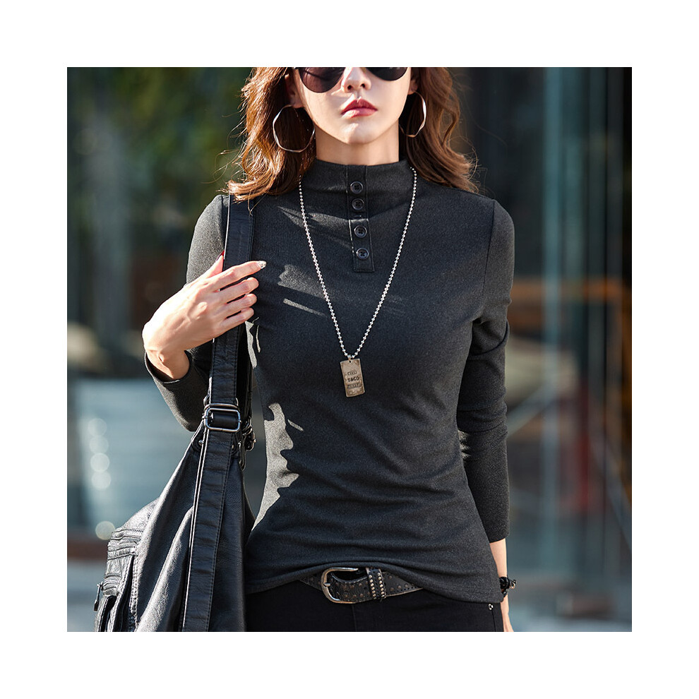 (black, XXL) #0327 Half High Collar T Shirt Women Solid Color Slim Elegant Long Sleeve T Shirt Warm Korean Fashion Women's Tee Shirt Winter