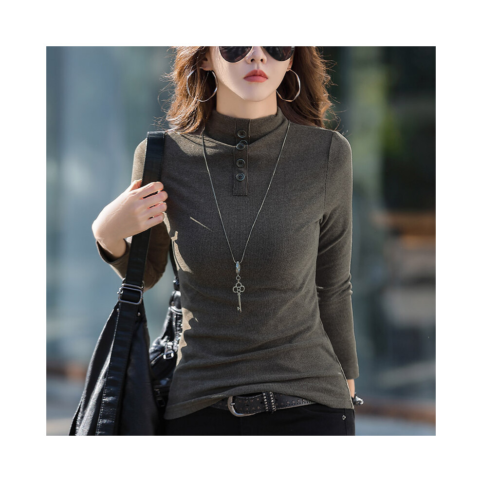(Brown, L) #0327 Half High Collar T Shirt Women Solid Color Slim Elegant Long Sleeve T Shirt Warm Korean Fashion Women's Tee Shirt Winter