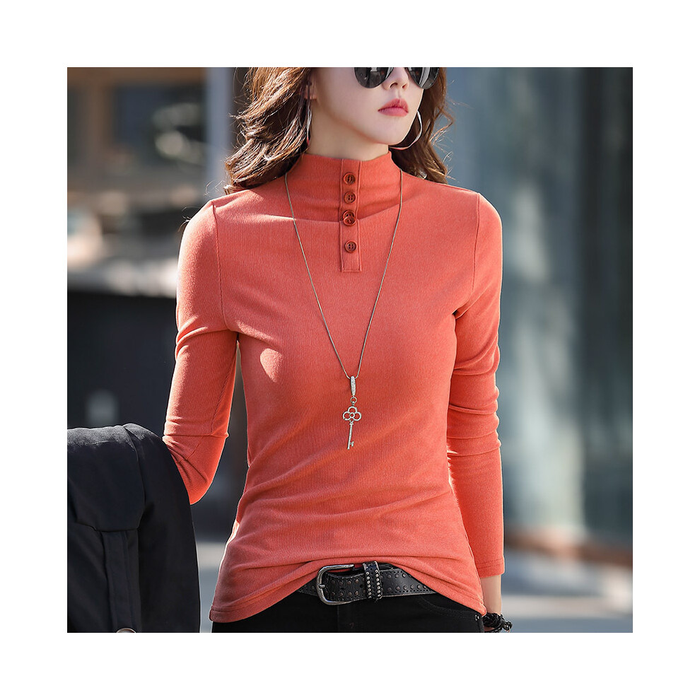 (ORANGE RED, L) #0327 Half High Collar T Shirt Women Solid Color Slim Elegant Long Sleeve T Shirt Warm Korean Fashion Women's Tee Shirt Winter
