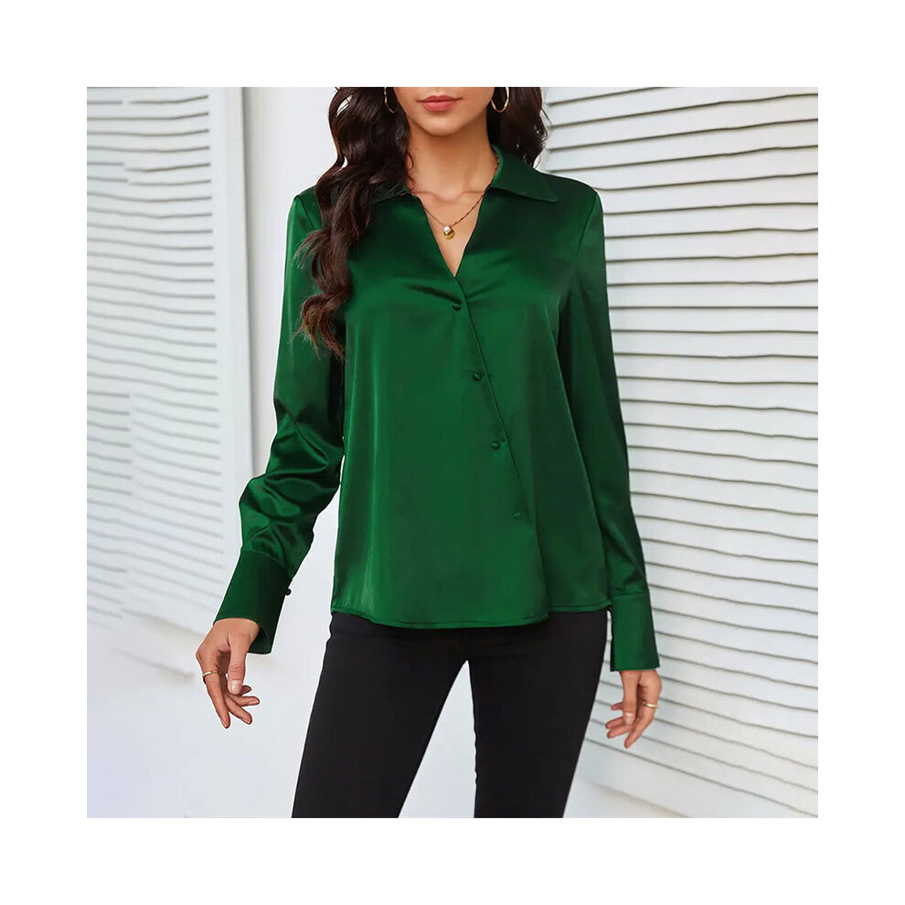 (green, L) New Green Ladies Satin Shirt Cross V-neck Top Women's Shirt Sleeves Open Button Shirt Sleeves Elegant  Autumn Women's Blouse