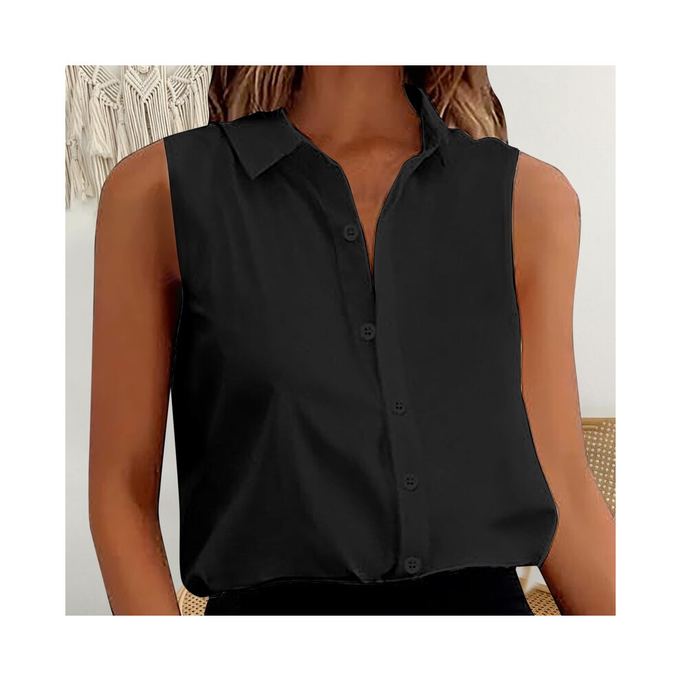 (Black, S) Women Sleeveless Shirt  New Summer Elegant Button Down Shirts Office Lady Blusas Solid Loose Vest Shirt Tops And Blouses