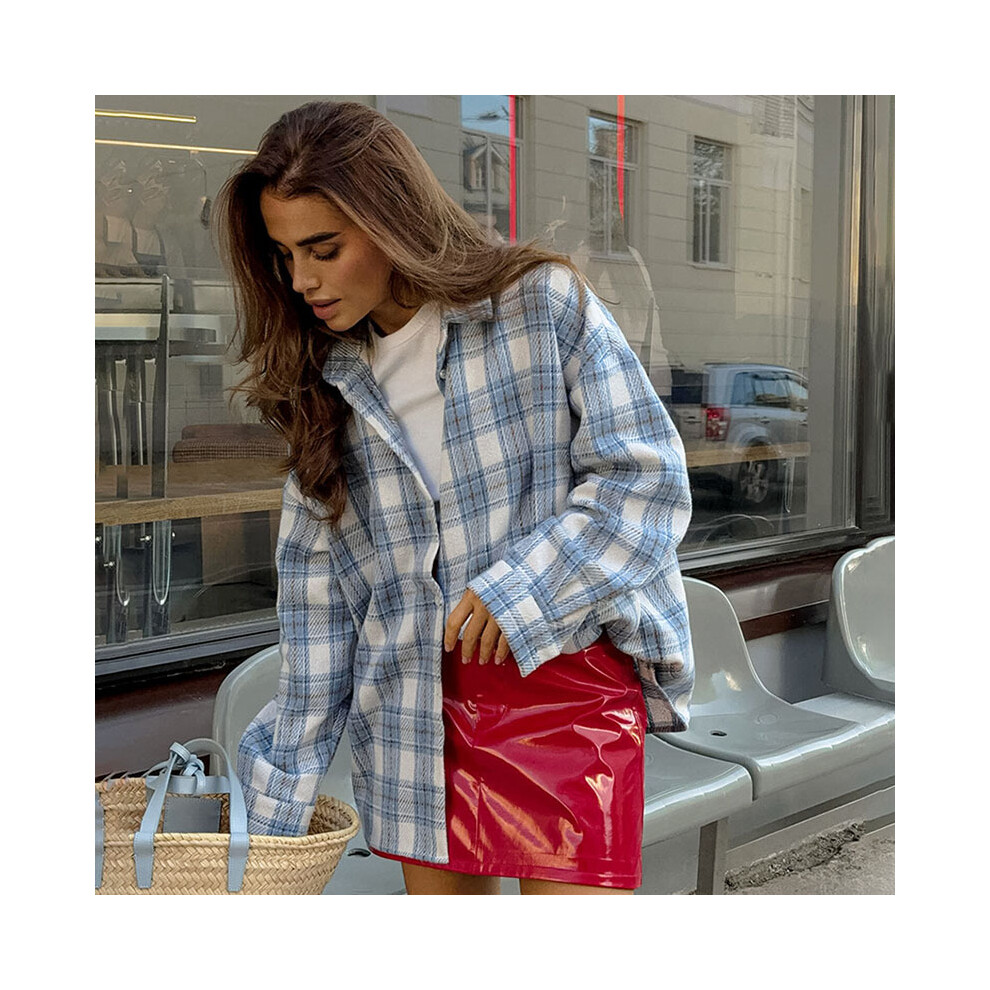 (blue, L) Casual Plaid Shirt Woman Loose Autumn Winter Lapel Buttons Women's Coat Full Sleeve Cozy Vintage Khaki Tops Female Streetwear