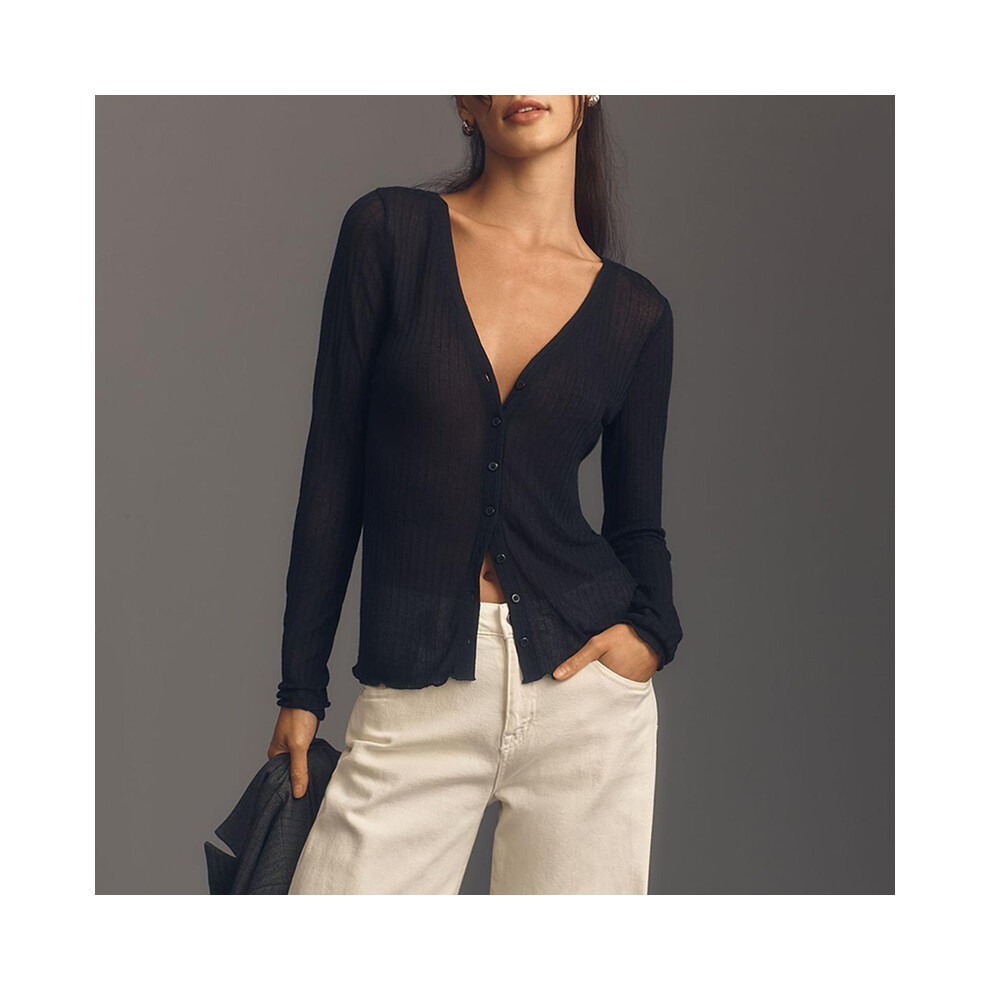 (black, L) Women Transparent Jacket Sweater Fashion Knitted Cardigan Sexy Long Sleeve Button Closure Knitwear Female Cotton Outwear