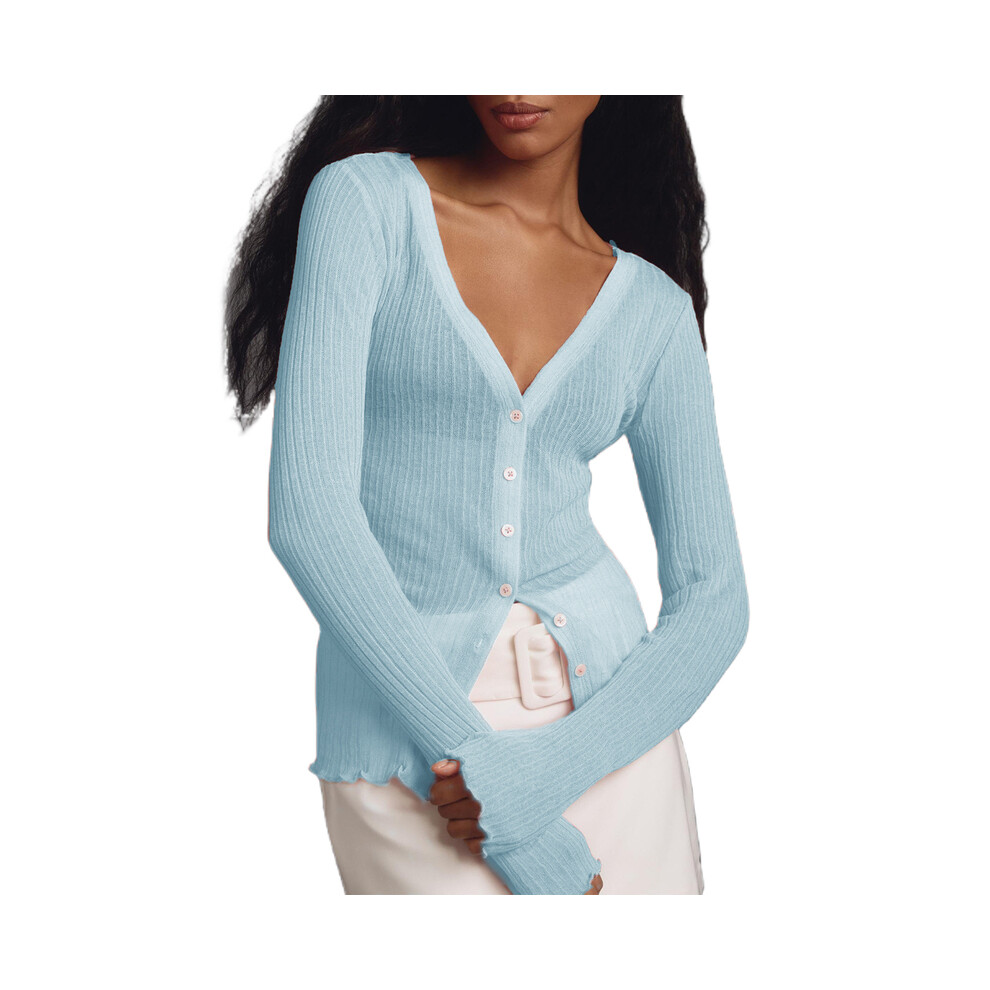 (Blue, M) Women Transparent Jacket Sweater Fashion Knitted Cardigan Sexy Long Sleeve Button Closure Knitwear Female Cotton Outwear