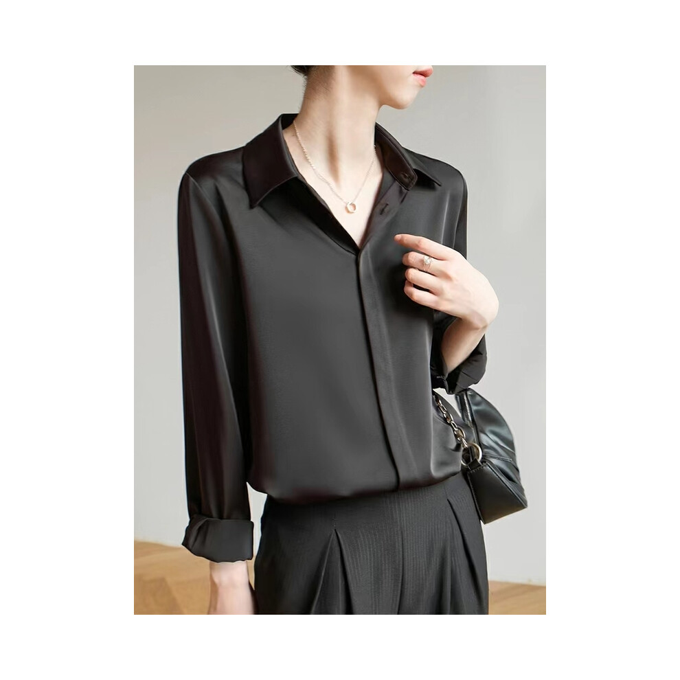 Maxpower (Black, Xxl) Women's Satin Blouse Long Sleeve French Fashion Solid Color Shirts Office Lady Clothes Elegant Woman Shirts Korean Ladies Wear