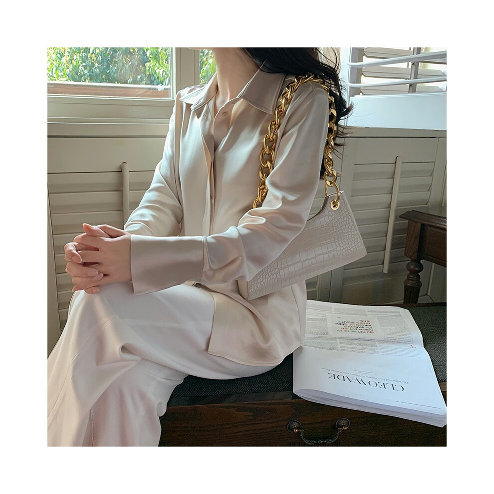 (Champagne, M) Women's Satin Blouse Long Sleeve French Fashion Solid Color Shirts Office Lady Clothes Elegant Woman Shirts Korean Ladies Wear