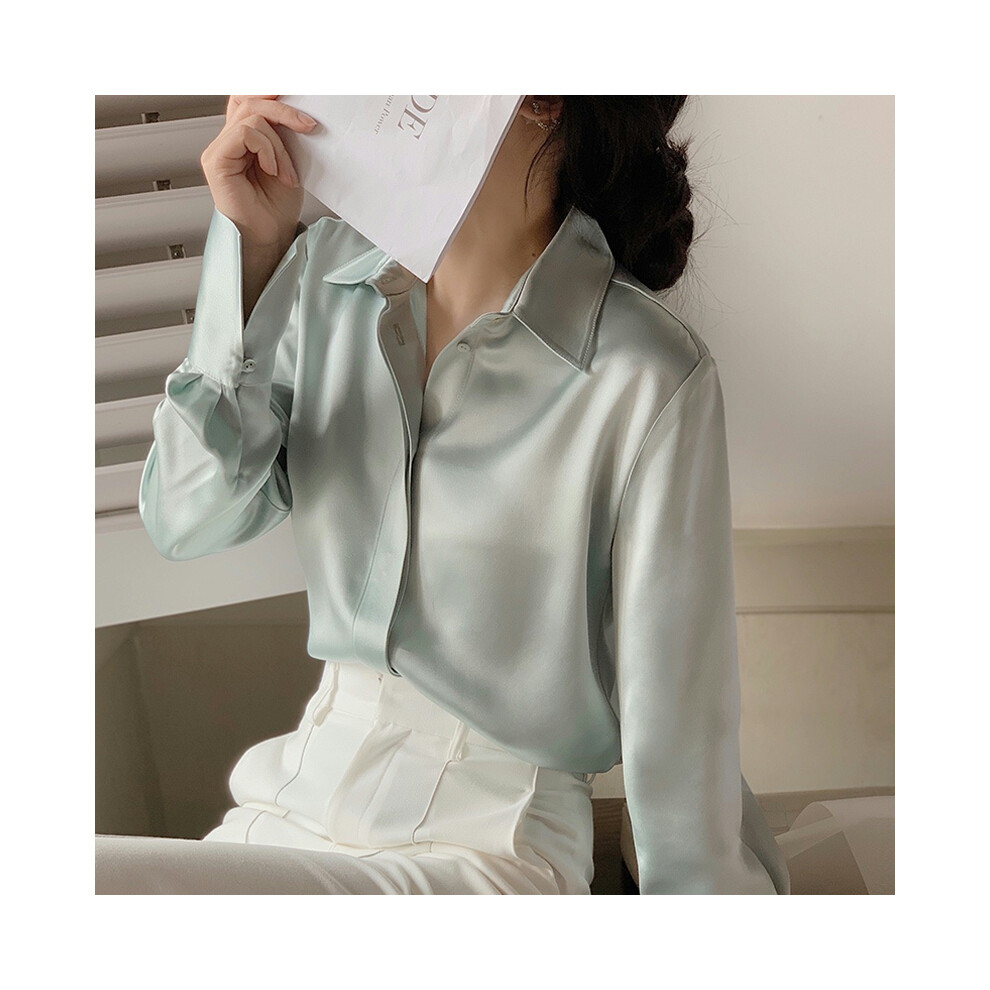 Maxpower (Green, L) Women's Satin Blouse Long Sleeve French Fashion Solid Color Shirts Office Lady Clothes Elegant Woman Shirts Korean Ladies Wear