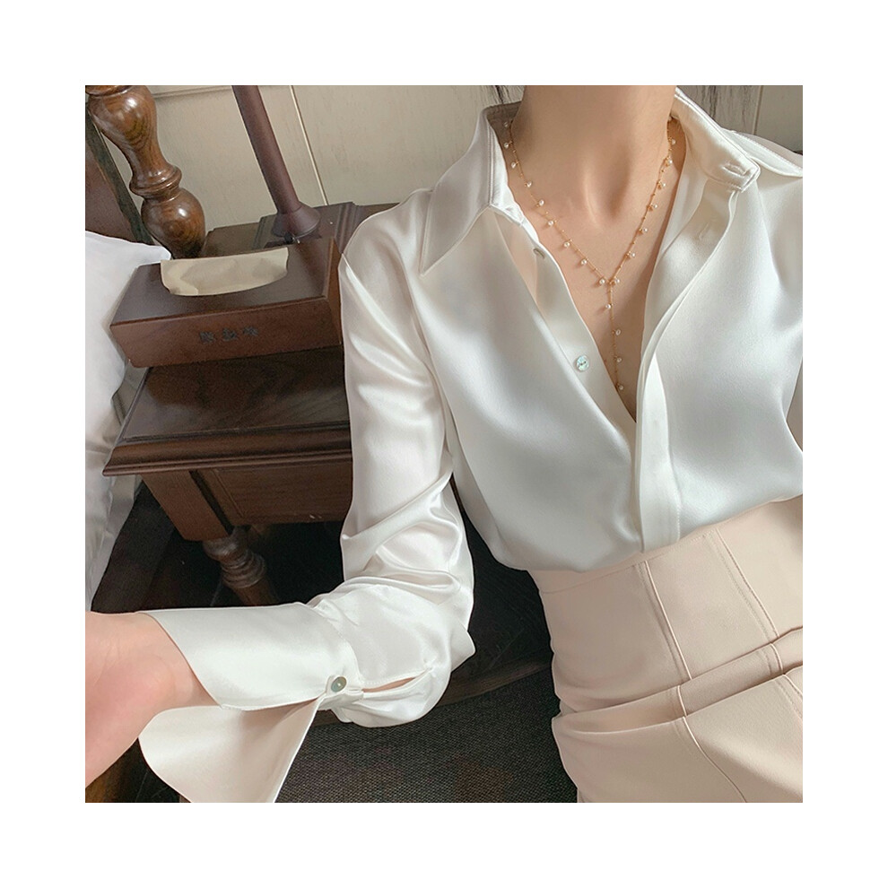 (WHITE, S) Women's Satin Blouse Long Sleeve French Fashion Solid Color Shirts Office Lady Clothes Elegant Woman Shirts Korean Ladies Wear