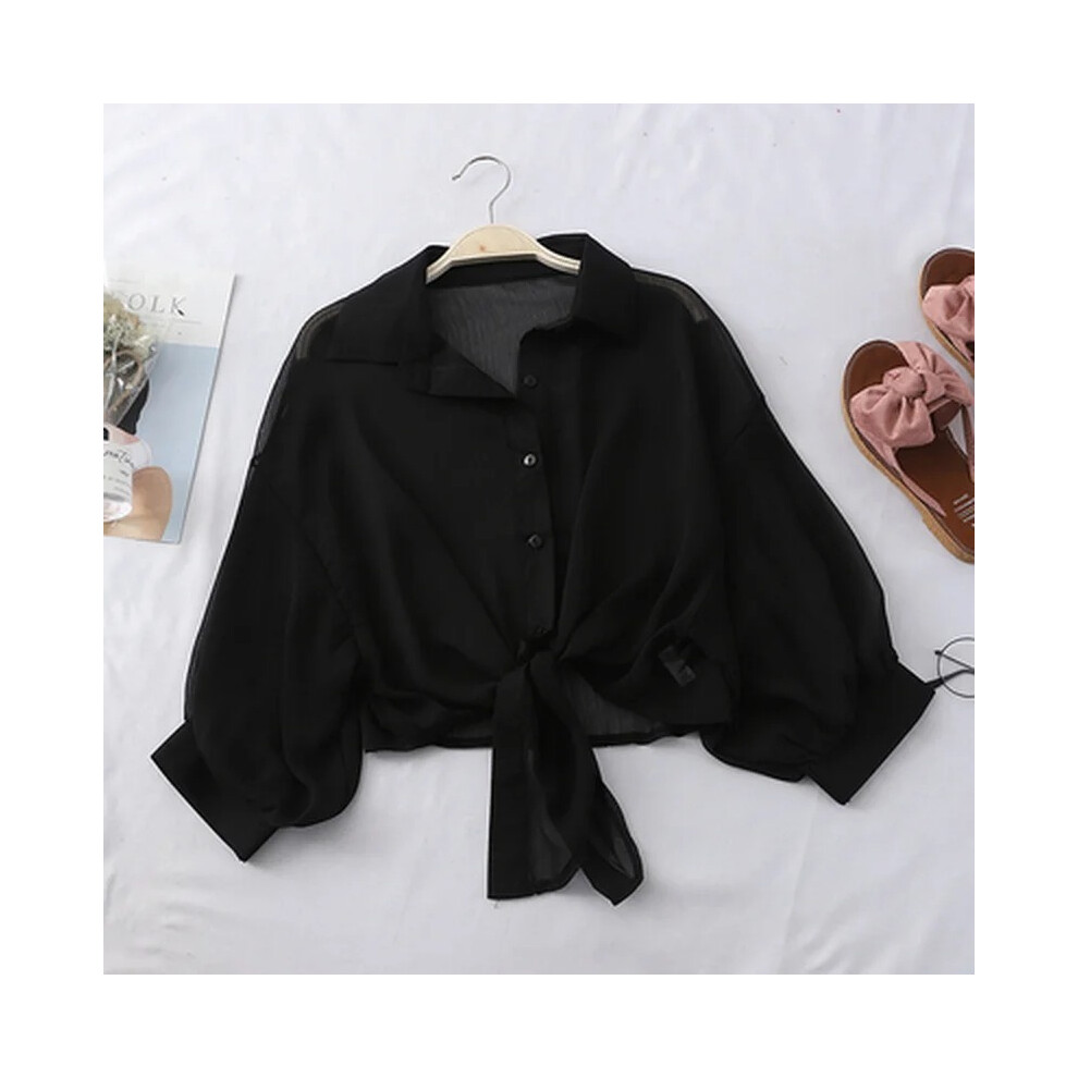 (black, L) Casual Loose Hollow White Clothes Elegant Solid Color Tied Waist Blouse Women Summer Bat Half Sleeve Button Chiffon Shirt 9776