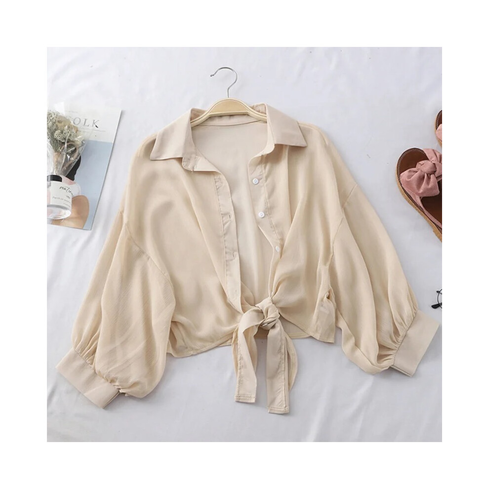 (Khaki, XL) Casual Loose Hollow White Clothes Elegant Solid Color Tied Waist Blouse Women Summer Bat Half Sleeve Button Chiffon Shirt 9776