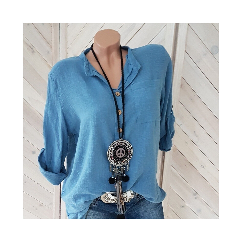 (Blue, XL) Elegant Women's Long Sleeve Shirts Pullover Blouse  Spring Summer Item V-neck Pocket Shirt Tops Mujer Blusa Top Femme