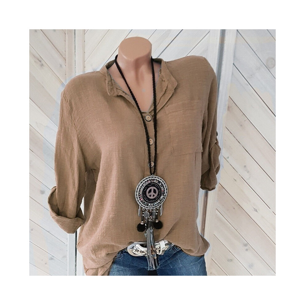Maxpower (Khaki, M) Elegant Women's Long Sleeve Shirts Pullover Blouse Spring Summer Item V-Neck Pocket Shirt Tops Mujer Blusa Top Femme