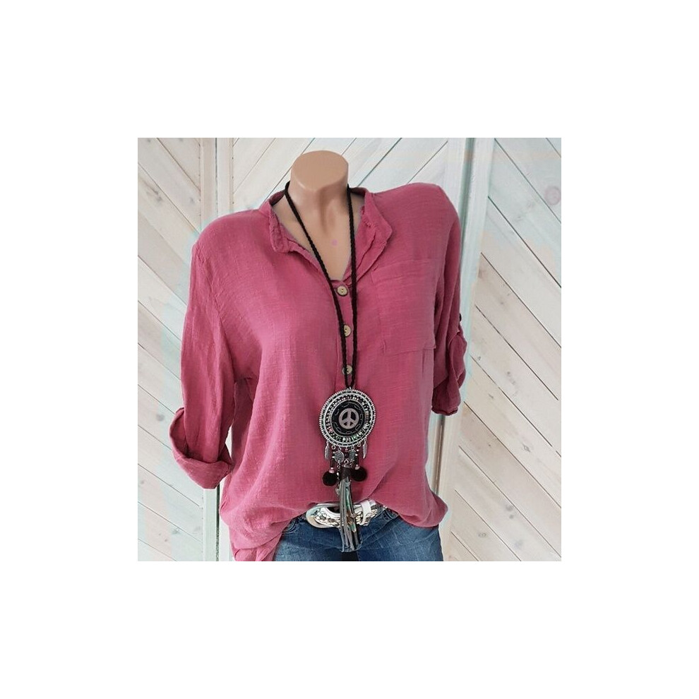 Maxpower (Fuchsia, Xxl) Elegant Women's Long Sleeve Shirts Pullover Blouse Spring Summer Item V-Neck Pocket Shirt Tops Mujer Blusa Top Femme
