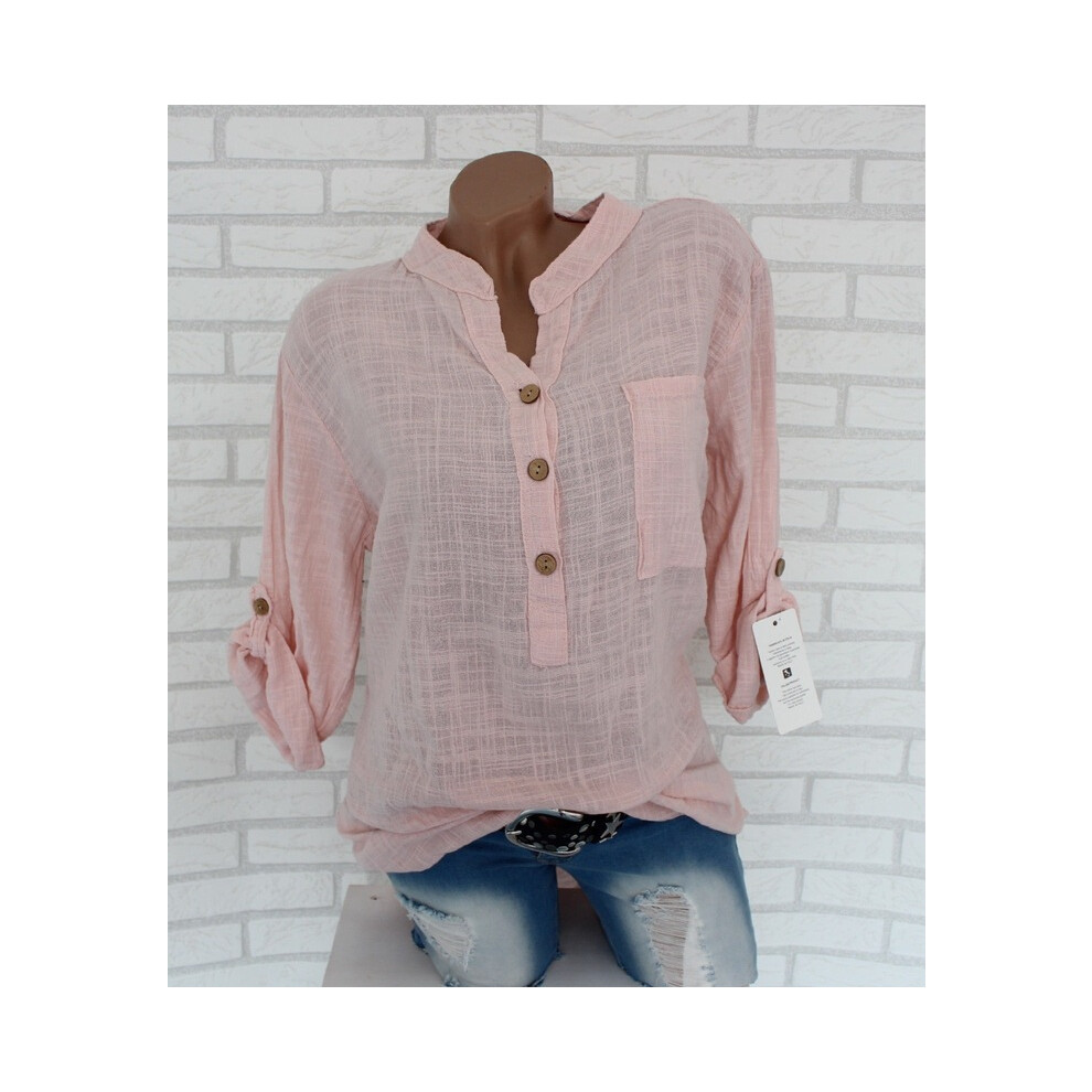 Maxpower (Pink, Xl) Elegant Women's Long Sleeve Shirts Pullover Blouse Spring Summer Item V-Neck Pocket Shirt Tops Mujer Blusa Top Femme