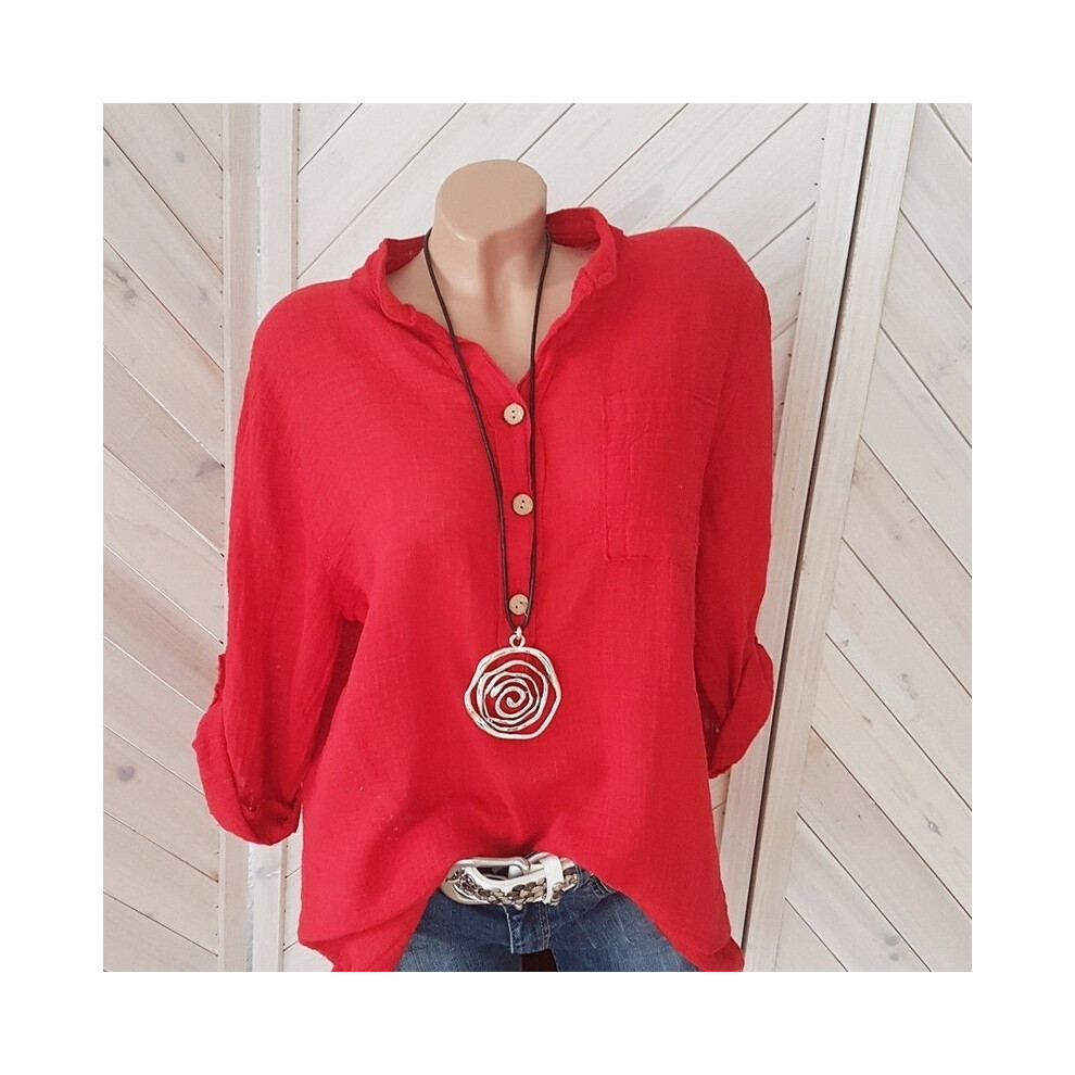 Maxpower (Red, S) Elegant Women's Long Sleeve Shirts Pullover Blouse Spring Summer Item V-Neck Pocket Shirt Tops Mujer Blusa Top Femme