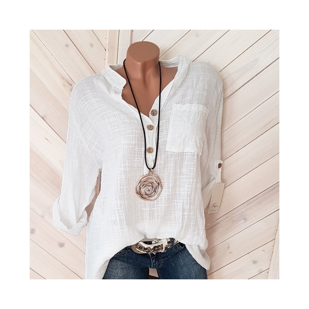 Maxpower (White, Xl) Elegant Women's Long Sleeve Shirts Pullover Blouse Spring Summer Item V-Neck Pocket Shirt Tops Mujer Blusa Top Femme