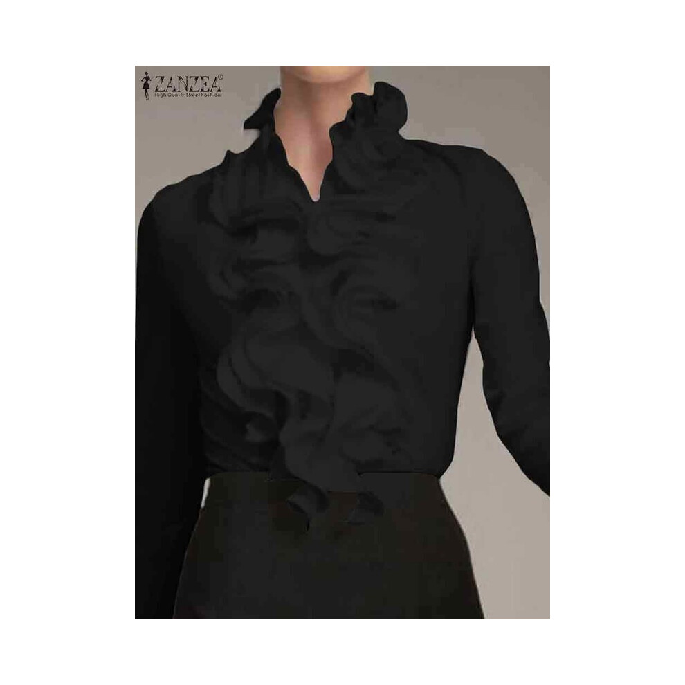 Maxpower (M, Black) Elegant Women Blouse Ruffles Tops Fashion Long Sleeve Shirts Flounce Blusas Stylish Ol Work Shirt Female White Blouses