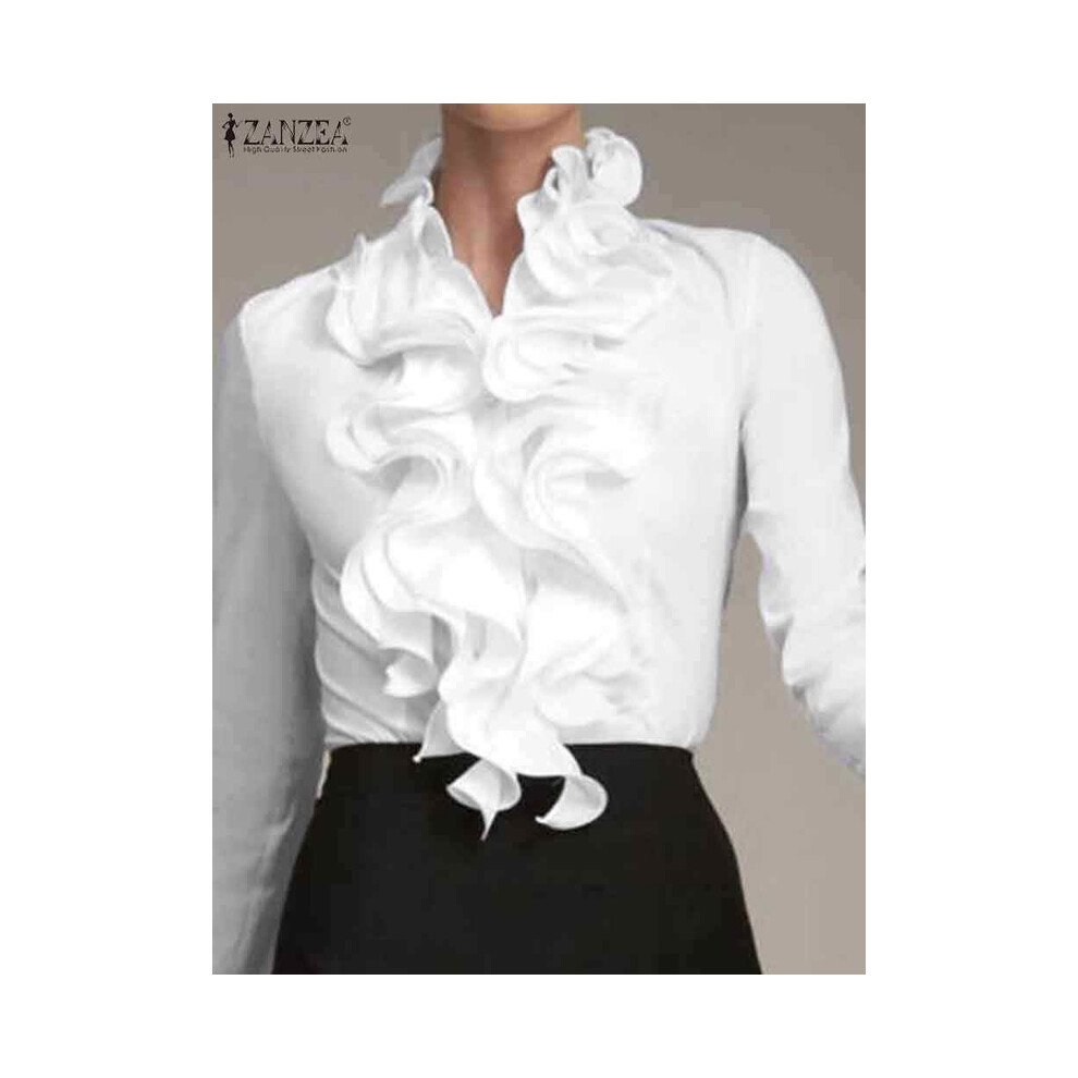 (XL, WHITE) Elegant Women Blouse Ruffles Tops Fashion Long Sleeve Shirts Flounce Blusas Stylish OL Work Shirt Female White Blouses