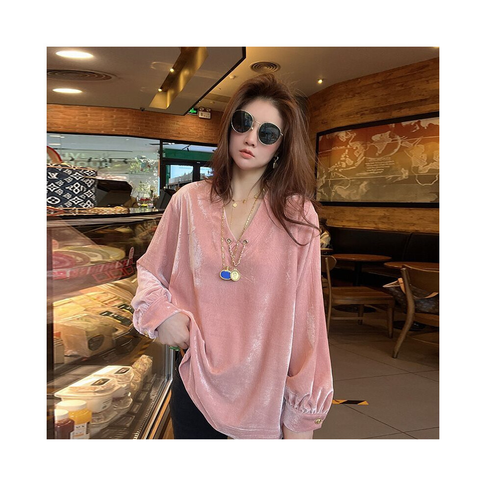 Maxpower (Pink, Xxxl) Women Spring Autumn Simplicity Loose Large Size Solid Color V-Neck Long Sleeve T-Shirt Ladies Fashion Chain All-Match Trend Tops