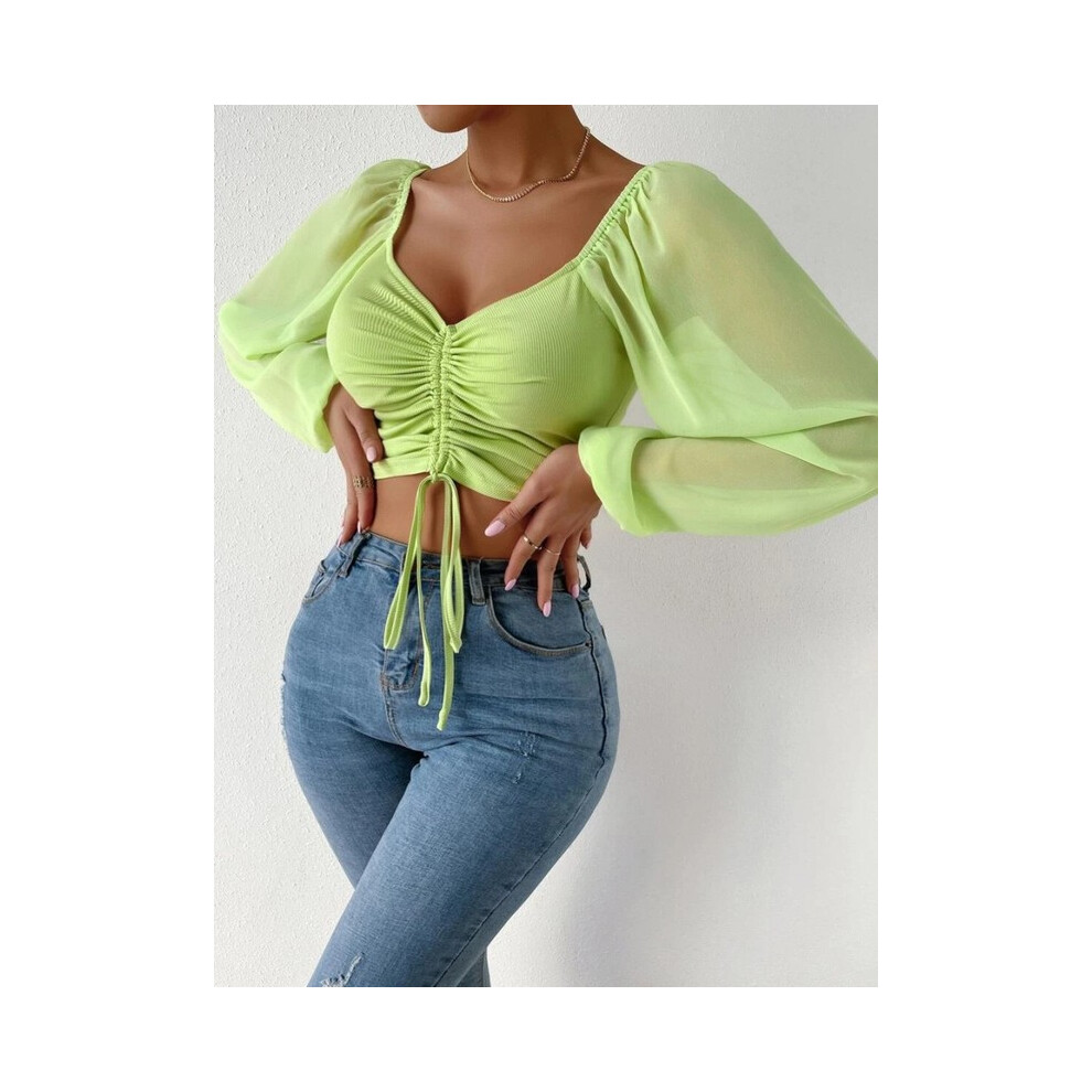 (army green, L) Women's Sweetheart Neck Drawstring Ruched Lantern Sleeve Crop Top Blouse Tight Solid Color Basic Tee  New Trend