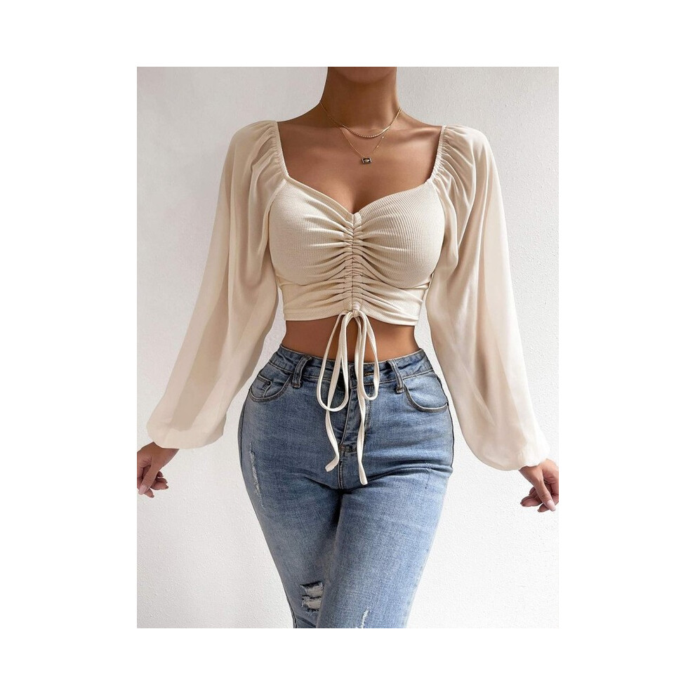 (Beige, XL) Women's Sweetheart Neck Drawstring Ruched Lantern Sleeve Crop Top Blouse Tight Solid Color Basic Tee  New Trend