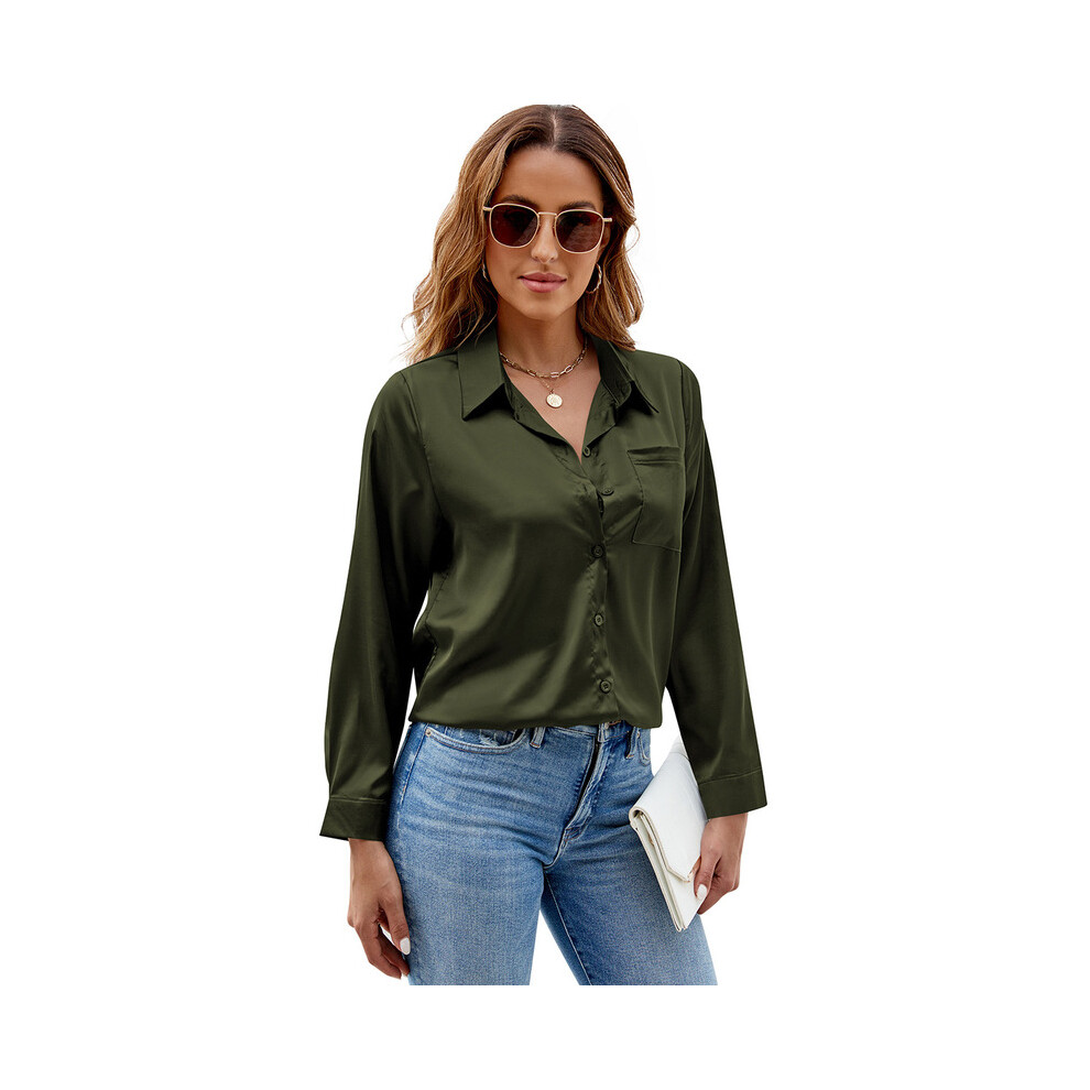 (army green, L) Spring Autumn Women Satin Button Up Shirt  New Long Sleeve Tops Office Slim Fit Top Pocket Blouses Women's Top With Sleeves