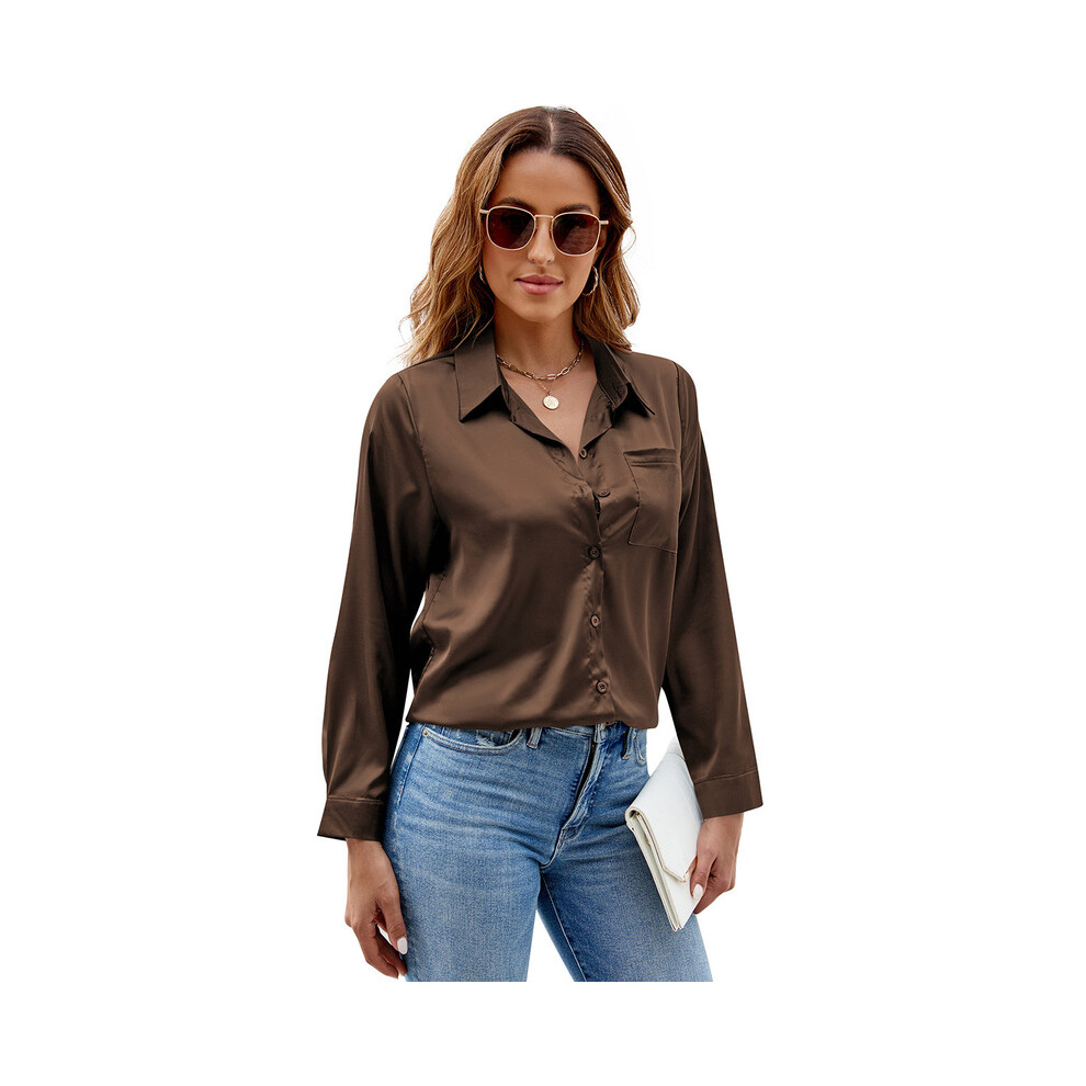 (Coffee, XL) Spring Autumn Women Satin Button Up Shirt  New Long Sleeve Tops Office Slim Fit Top Pocket Blouses Women's Top With Sleeves-image-OPC-PG8Z2GY-NEW