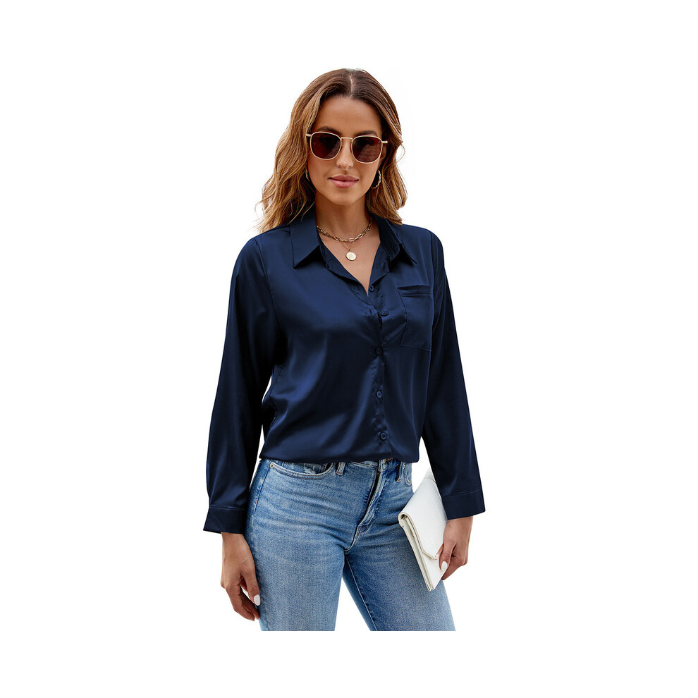 (DEEP BLUE, XL) Spring Autumn Women Satin Button Up Shirt  New Long Sleeve Tops Office Slim Fit Top Pocket Blouses Women's Top With Sleeves