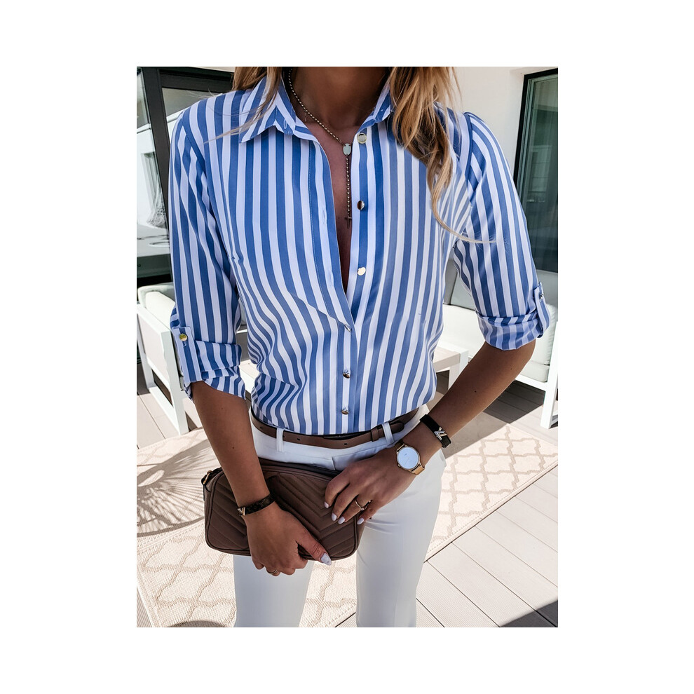 (1, L) Red And White Striped Shirt Womens Vintage Casual Shirts Lady Fall Commute Style Blouses Long Sleeve Fashion Oversize Top Gift