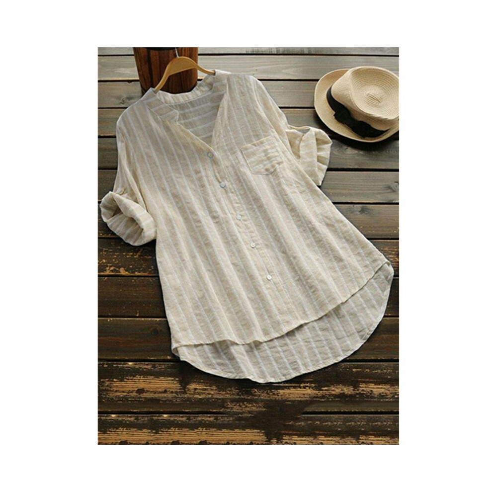 (Khaki, S) Blouse Women Stripe New Casual V-neck Striped seven-point Sleeve Half High Collar Shirt Women Blusas Camisas Feminina JQMY9903