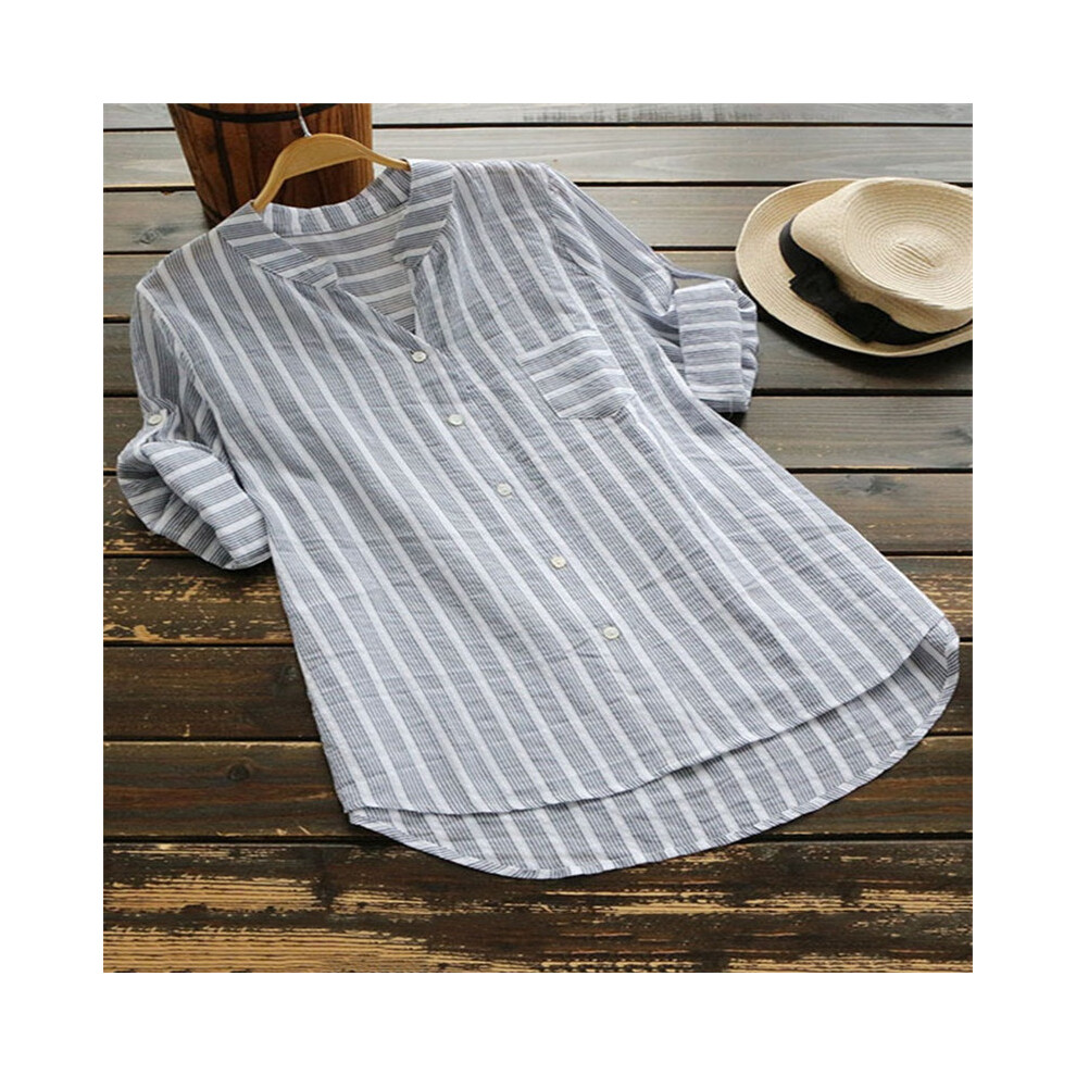(Light Grey, S) Blouse Women Stripe New Casual V-neck Striped seven-point Sleeve Half High Collar Shirt Women Blusas Camisas Feminina JQMY9903