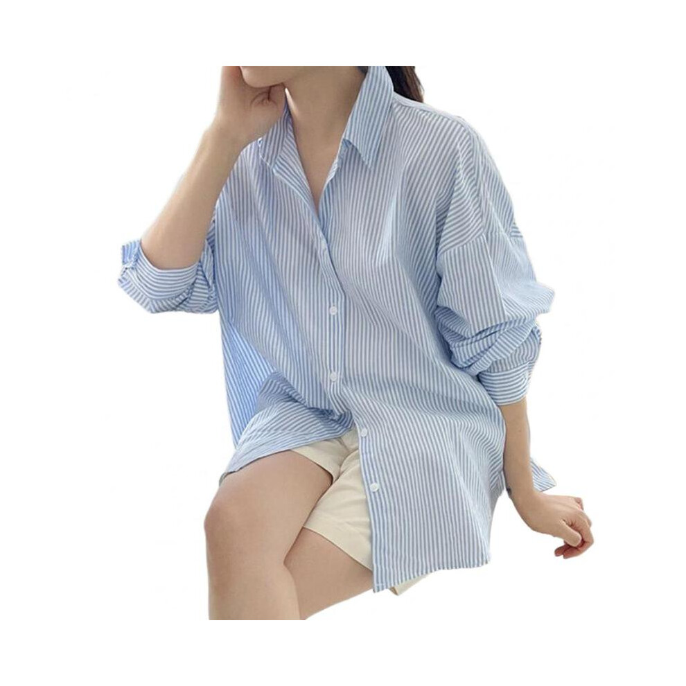 (Blue, L) Women Thin Long Sleeve Shirt Loose Fit Women's Shirt Lapel Long Sleeve Striped Print Soft Stretchy Material for Work
