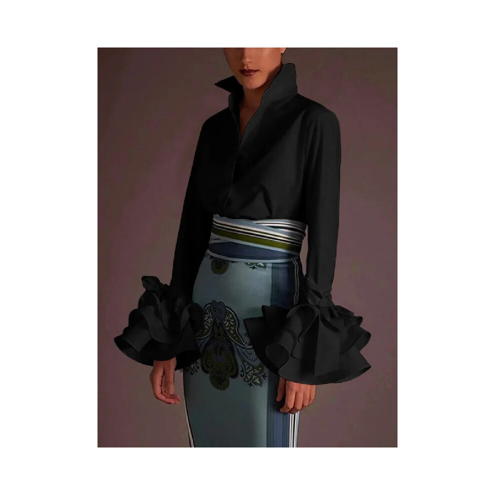 (black, L) New Fashion Shirts Women Elegant Office Blouse  Long Flare Sleeve Tops Casual Solid Buttons Blouse Party Top Female