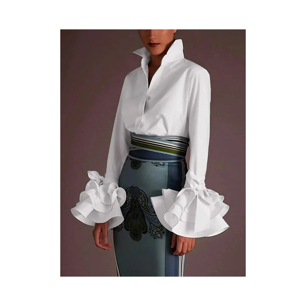 (WHITE, XL) New Fashion Shirts Women Elegant Office Blouse  Long Flare Sleeve Tops Casual Solid Buttons Blouse Party Top Female