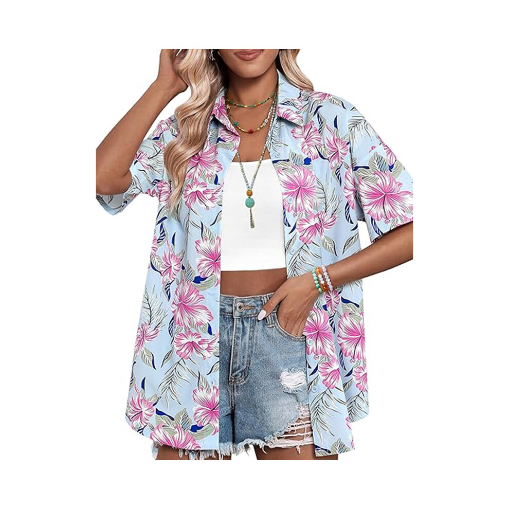 (B48SLCZ810172511, XL) Coconut Tree Print Women's Short Sleeve Single Breasted Shirt Casual Hawaiian Style Short Sleeve Top Lapel Button Shirts Summer-image-OPC-PG8Z5VS-NEW