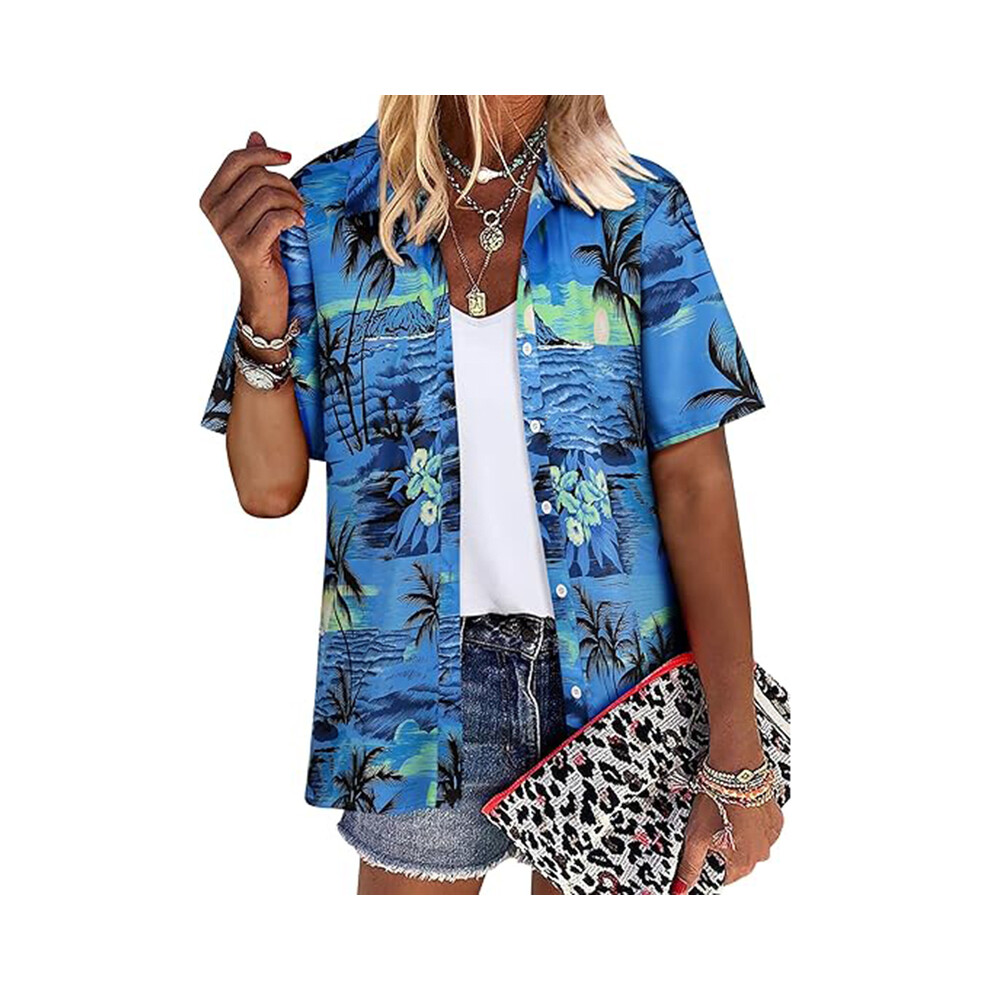 (B48SLCZ81017259, XL) Coconut Tree Print Women's Short Sleeve Single Breasted Shirt Casual Hawaiian Style Short Sleeve Top Lapel Button Shirts Summer-image-OPC-PG8Z5ZV-NEW