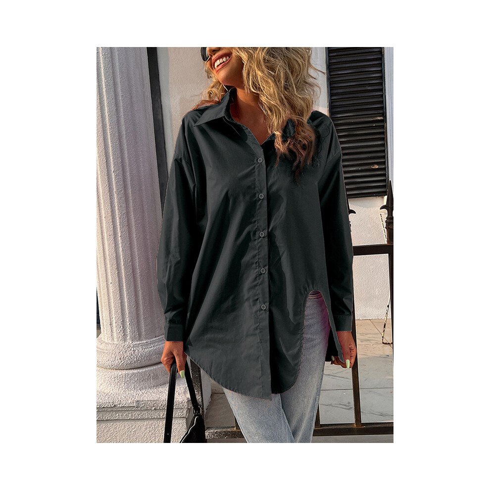 (Black, L) Spring And Summer New Women's Solid Color Single Row Of Buttons Blouse Temperament Casual Round Neck T-Shirt Asymmetric