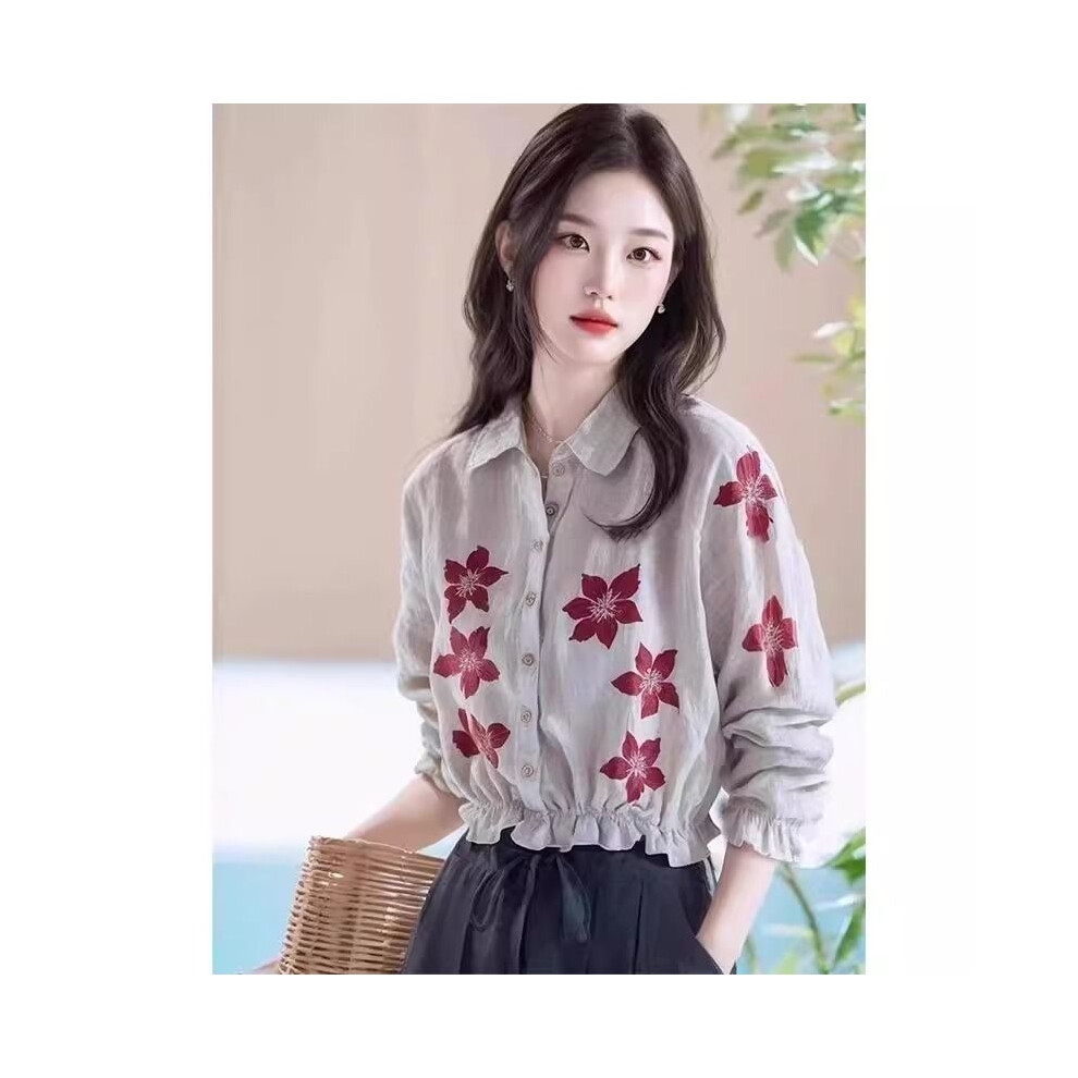 (GRAY, XXL) Women Spring Summer Korean Fashion Printing Office Lady Polo Collar Long Sleeve Shirts Ladies Simplicity All-match Trend Tops