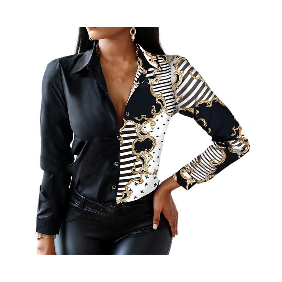 Maxpower (Black White, 2XL) Office Lady Shirt Leopard Single Breasted Spring Autumn Temperament Lapel Blouse For Daily Wear
