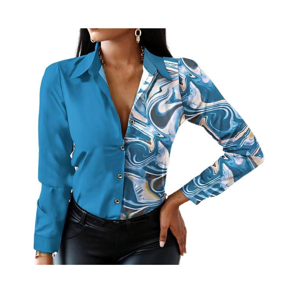 Maxpower (Blue, S) Office Lady Shirt Leopard Single Breasted Spring Autumn Temperament Lapel Blouse For Daily Wear
