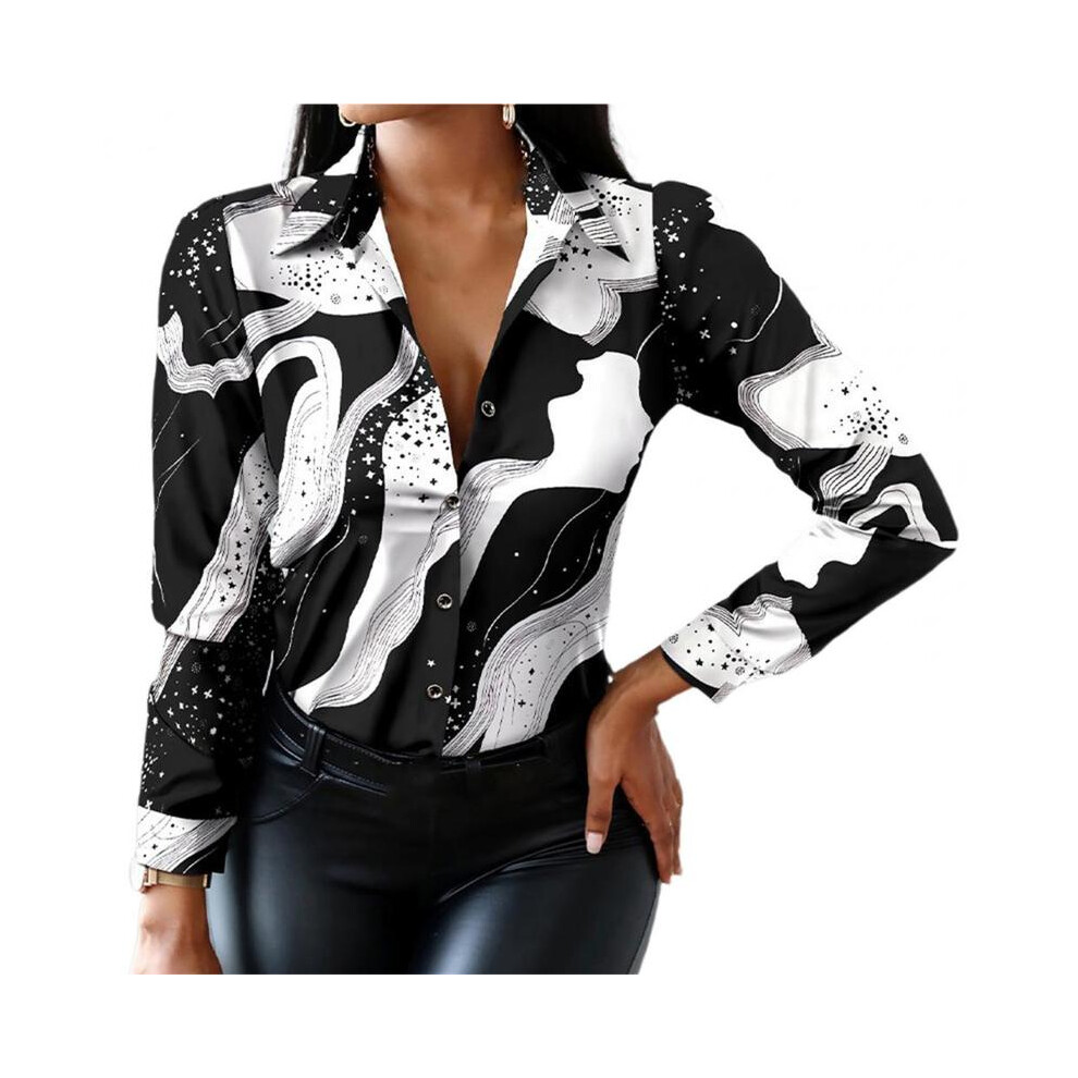 Maxpower (White, S) Office Lady Shirt Leopard Single Breasted Spring Autumn Temperament Lapel Blouse For Daily Wear