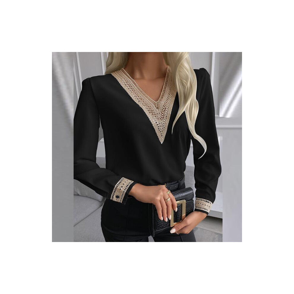 Maxpower (Black, S) Elegant Shirt Women's V-Neck Lace Shirt Autumn Fashion Casual Office White Pullover Long-Sleeved Loose Ladies Shirt